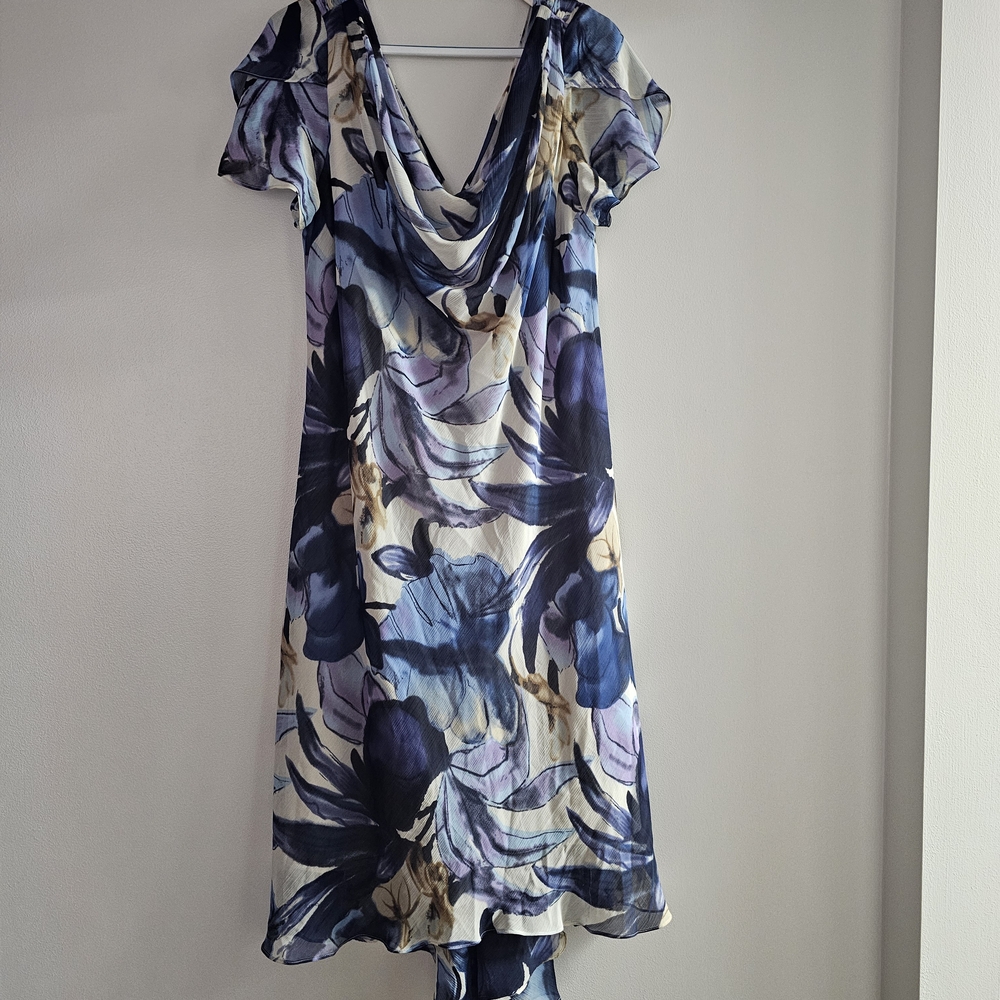 SL Fashions Floral Maxi Dress Asymmetrical Hem Flutter Sleeve Formal Cowl Neck